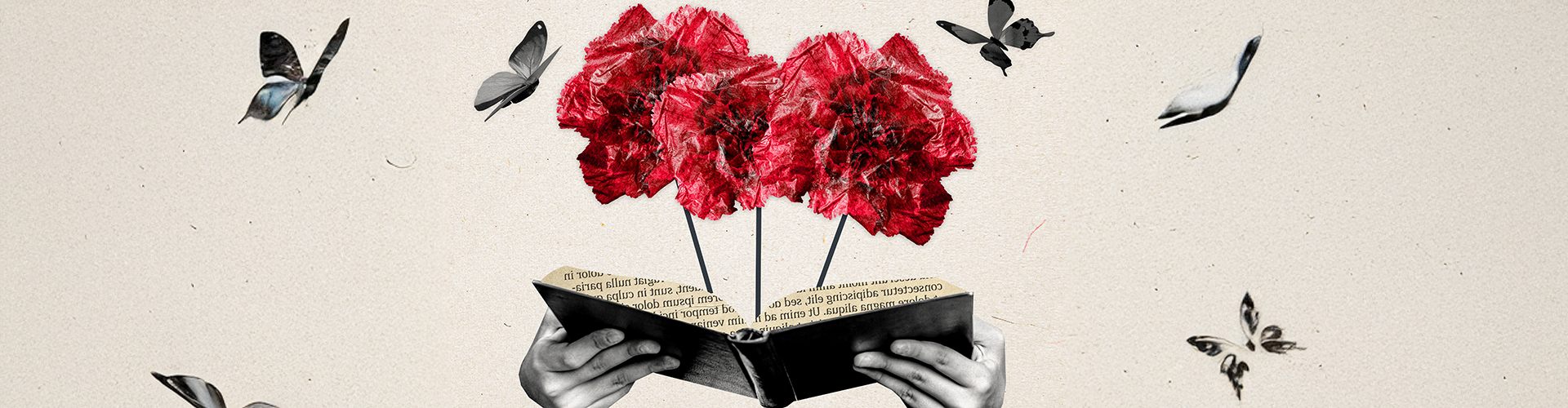 collage books flowers butterflies