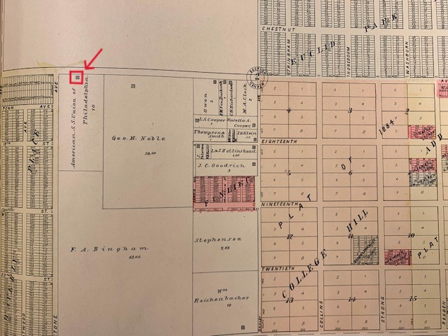 A colored plat map, showing the area south of 17th Street.  A red box with a red arrow shows the location of Stone's Folly