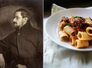 Portrait of James Joyce and dish of rigatoni pasta