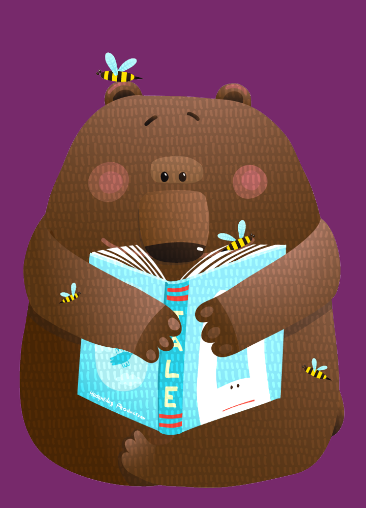 cartoon bear and bees with a book