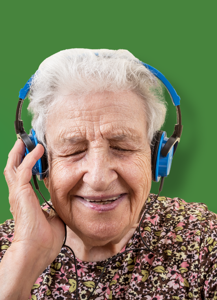 old woman listening to headphones