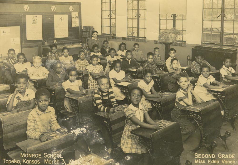 photo of second graders at desks in Topeka's Monroe School in 1940s