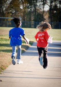 Two girls running
