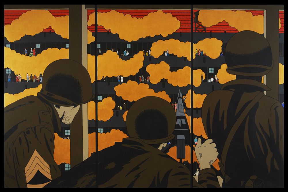 painting of three soldiers observing internees from a watchtower
