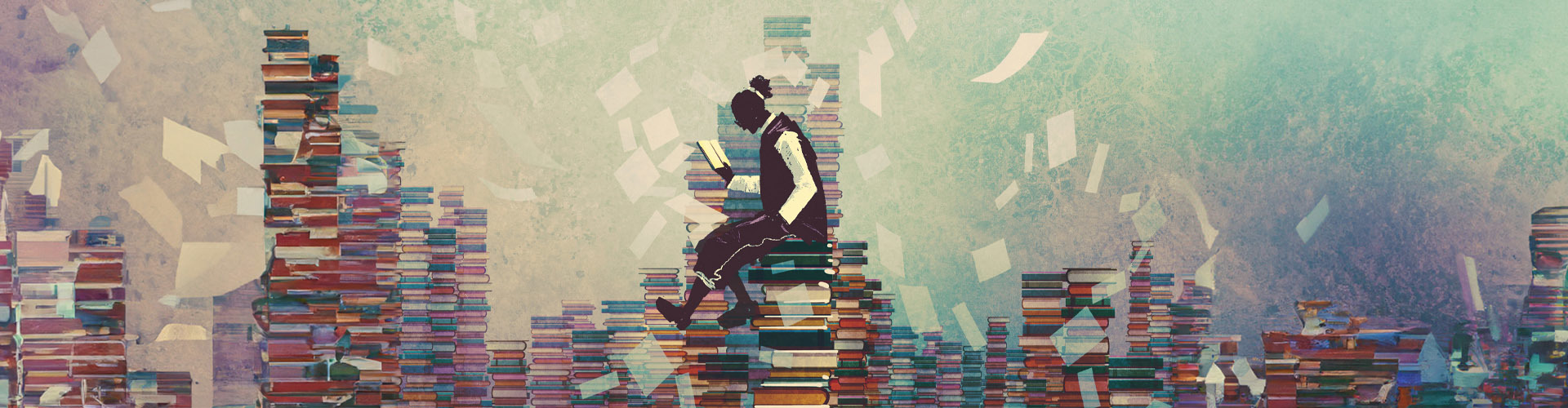 illustration of a person reading, surrounded by stacks of books.