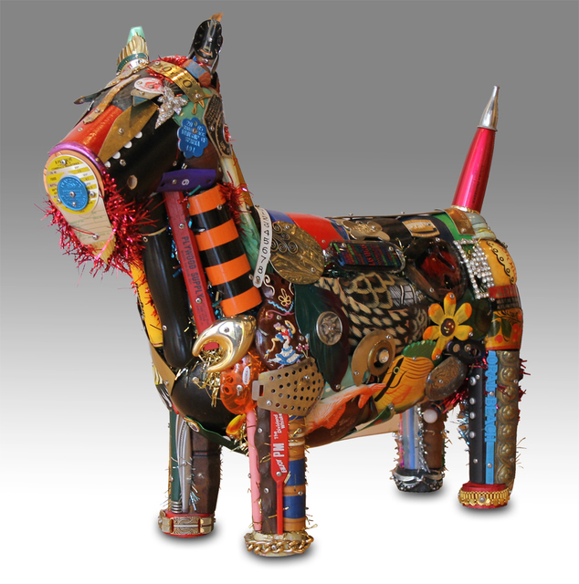 Found Object sculpture of Scottie Dog using metallic and plastic objects