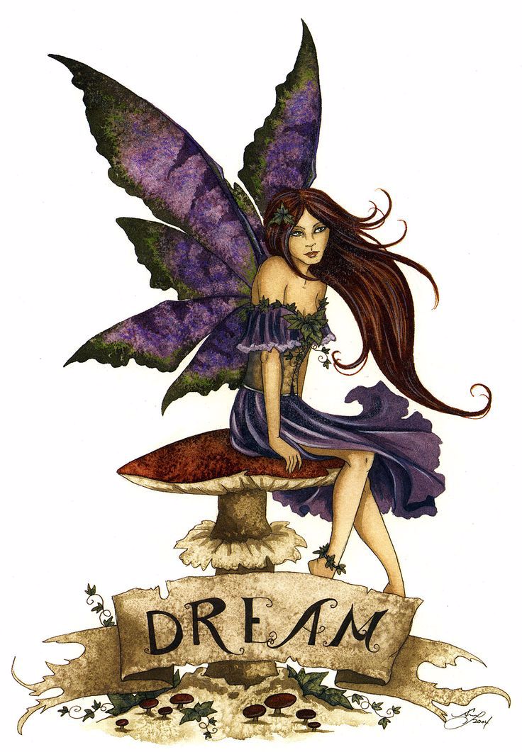 Line drawing with watercolor of modern style fairy with purple wings and long dark hair sitting on a mushroom. 