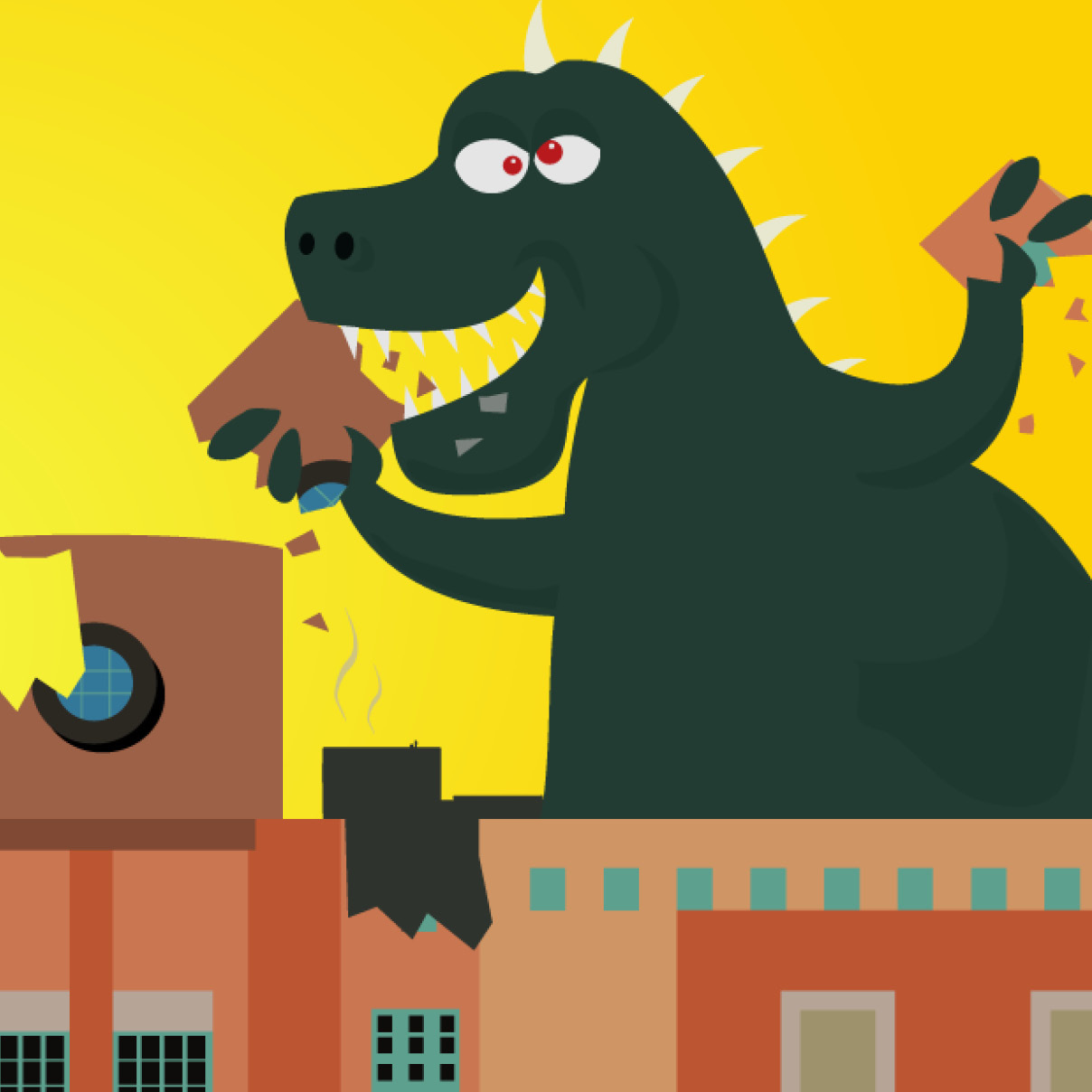 Cartoon of Godzilla type creature eating the library