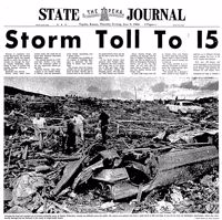 Black and white copy of the Topeka State Journal front page from June 9, 1966, the day after the tornado