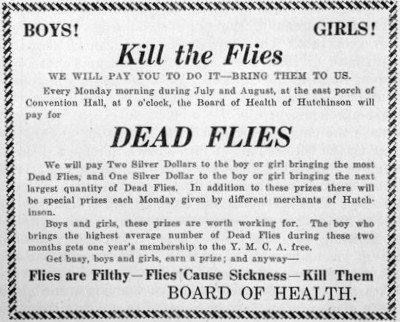 A black and white advertisement that encourages boys and girls to kill flies for a prize. The contest was sponsored by the Board of Health of Hutchinson. The ad was in a publication from the Kansas State Board of Health.