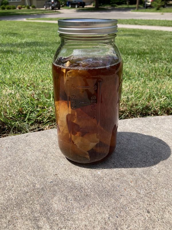glass jar with water, fabric, and tea bags