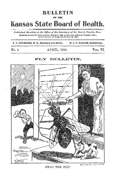 The cover of the April 1910 Bulletin of the Kansas State Board of Health; features a cartoon of a housewife smashing a huge fly on the head, captioned 