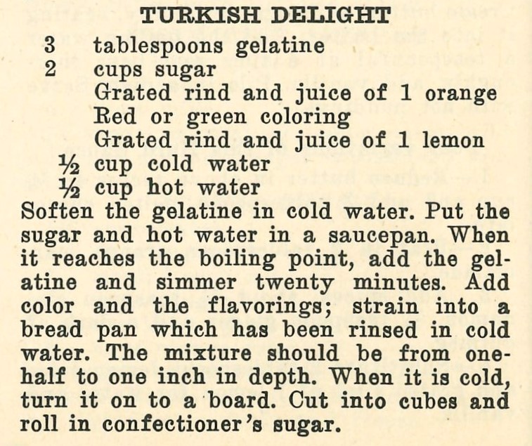 A color copy of the recipe for turkish delight