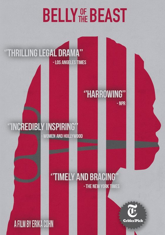 a red silhouette of a woman with gray bars dissecting her face