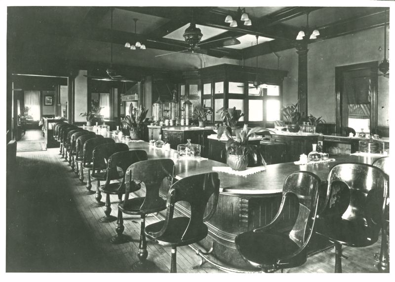 A black and white image of the lunch counter at the Topeka Santa Fe depot, which had room to seat 46 diners