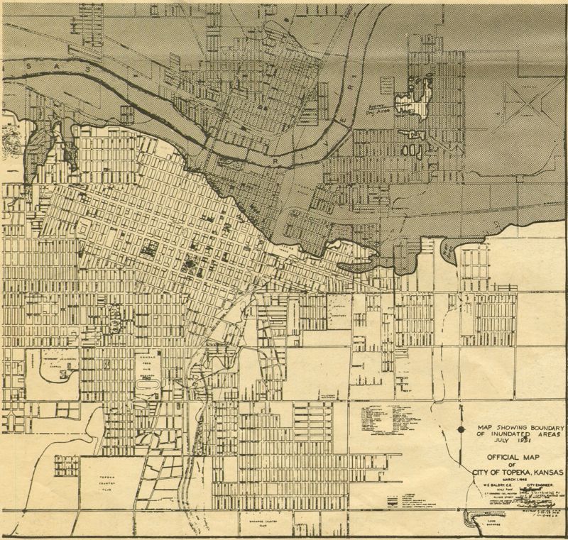 A map of Topeka showing the boundary of inundated areas during the July 1951 flooding. All of North Topeka and Oakland are underwater.