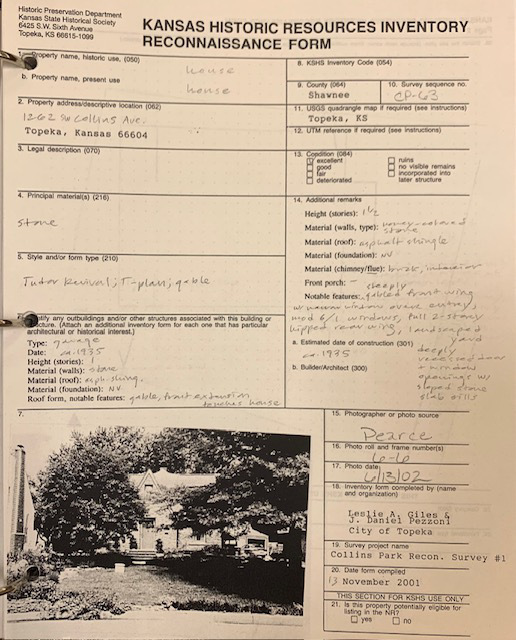 An example of a Kansas Historic Resources Inventory Reconnaissance Form for Collins Park