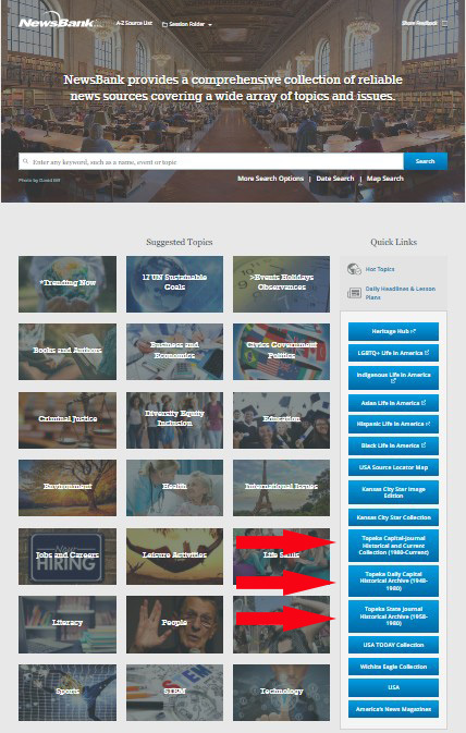 A color screenshot of what patrons see when they access NewsBank with arrows showing where the digitized Topeka papers are