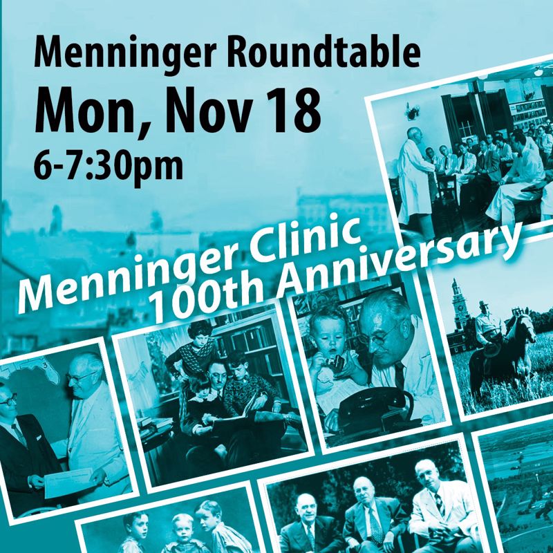 A blue-tinted ad for the Menninger Roundtable event being held at the library on November 18 at 6 pm