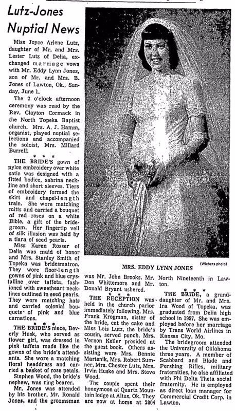 A black and white marriage notice from the Topeka State Journal detailing the wedding of Joyce Arlene Lutz and Eddy Lynn Jones