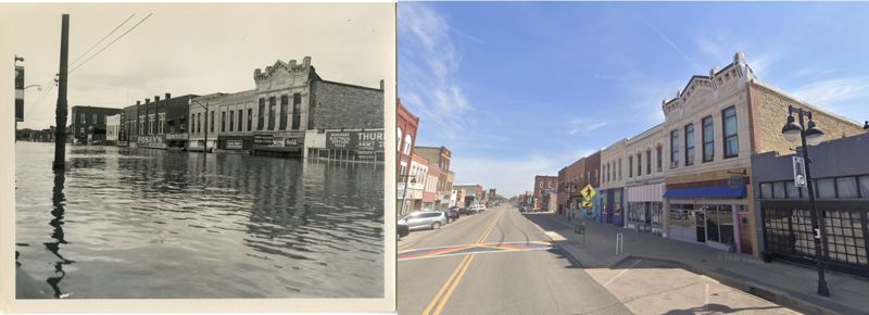 A side by side comparison of a block of North Topeka buildings on Kansas Avenue; the picture at the left was taken during the height of the 1951 flood; the picture on the right is the same buildings today