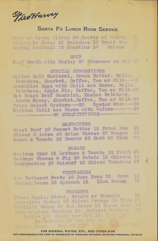 A copy of the 1937 lunch room menu for the Harvey House restaurant at the Topeka Depot