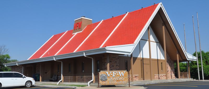 A color photograph showing the Kansas VFW state headquarters building in Topeka, which was built as a Fred Harvey House Highway restaurant in the 1960s