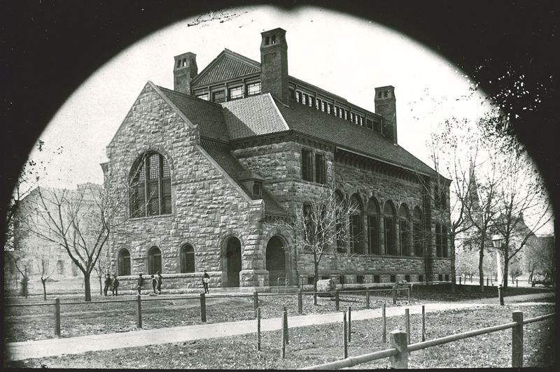 A black and white photograph of the library building circa 1891