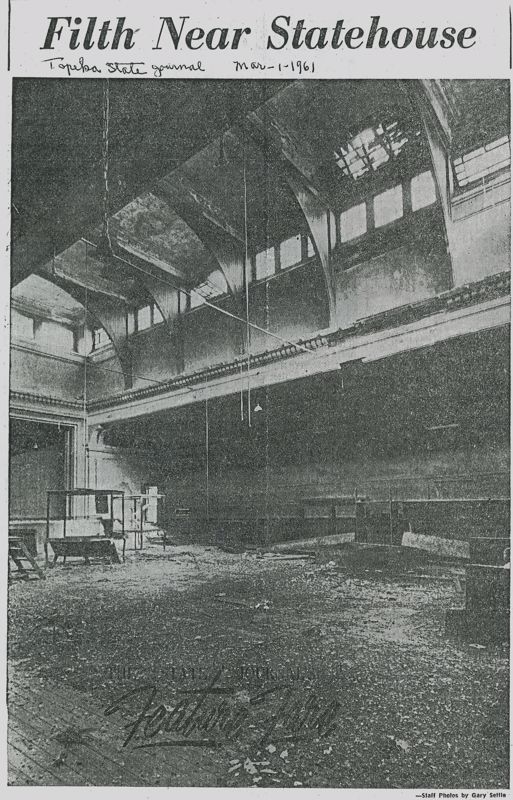 A black and white copy of a photo of the abandoned Library Hall from the Topeka State Journal