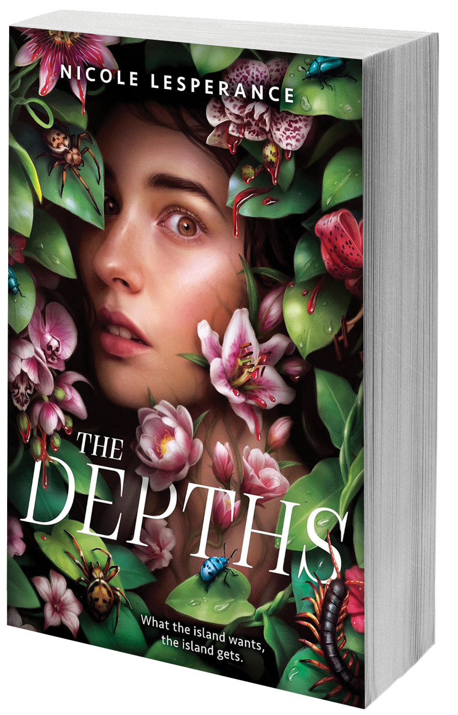 book cover teen girl peeking through flowers dripping with blood and menacing instects