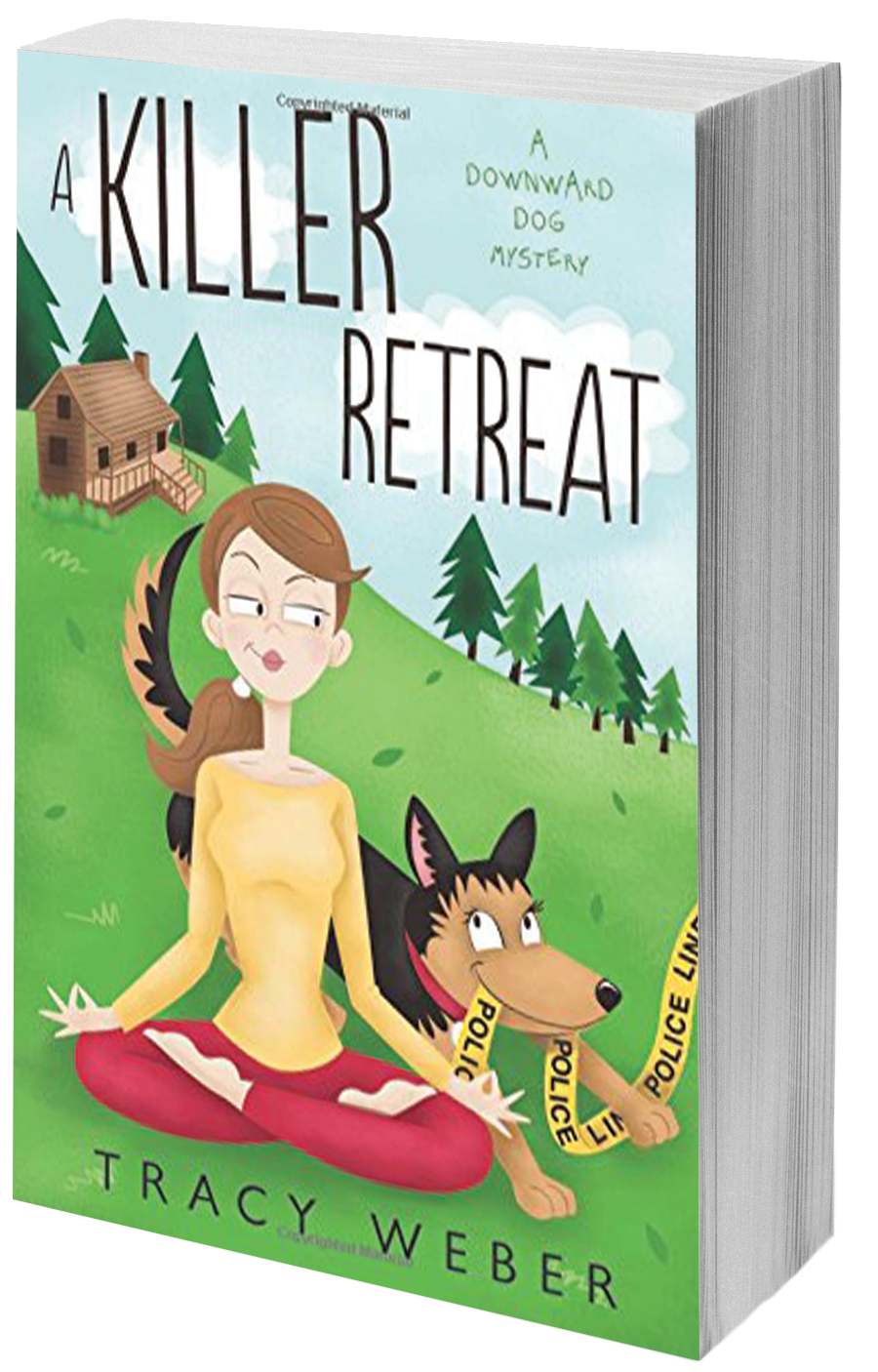 book cover woman in yoga pose wiht dog holding police tape