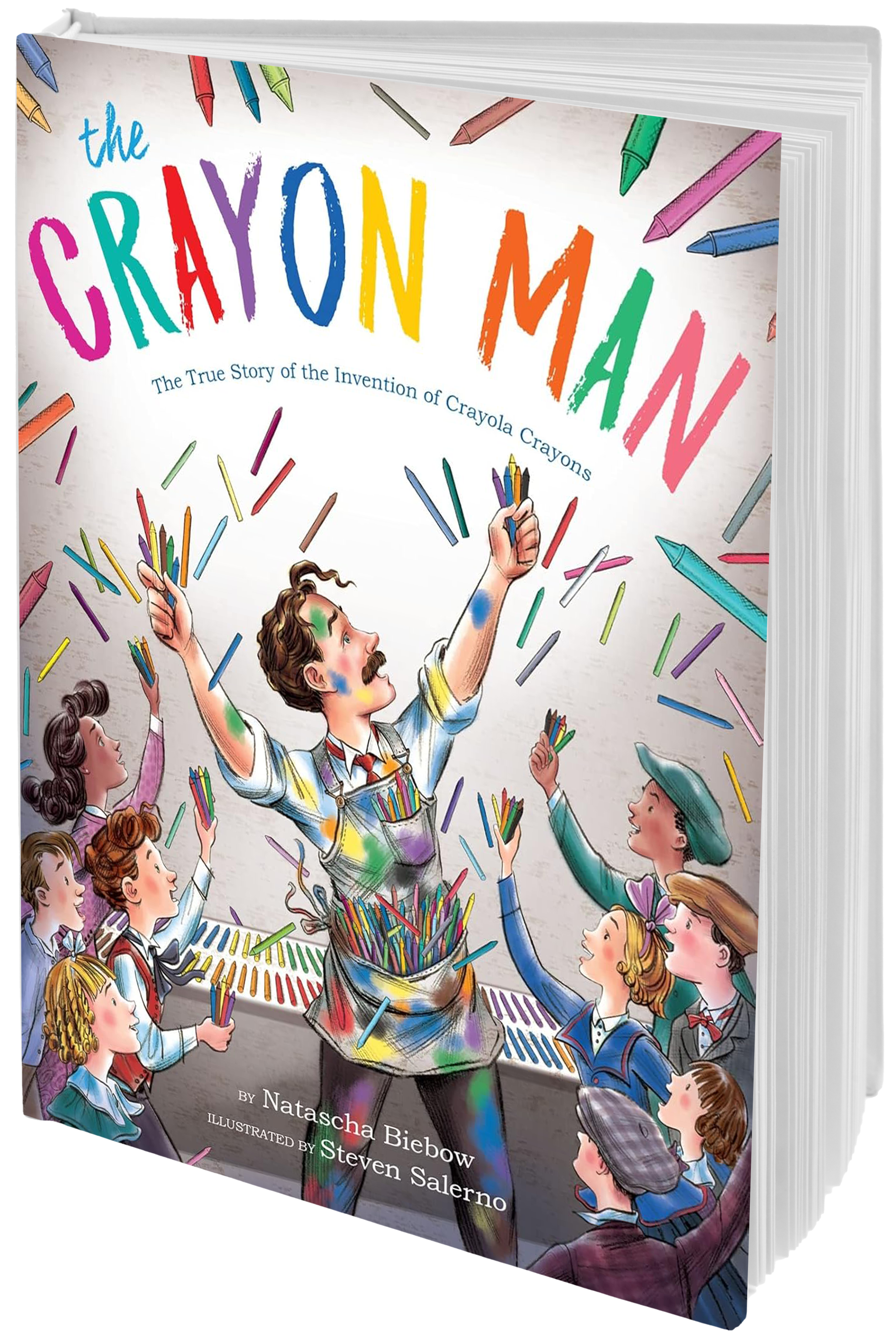 book cover man holding crayons and covered in color