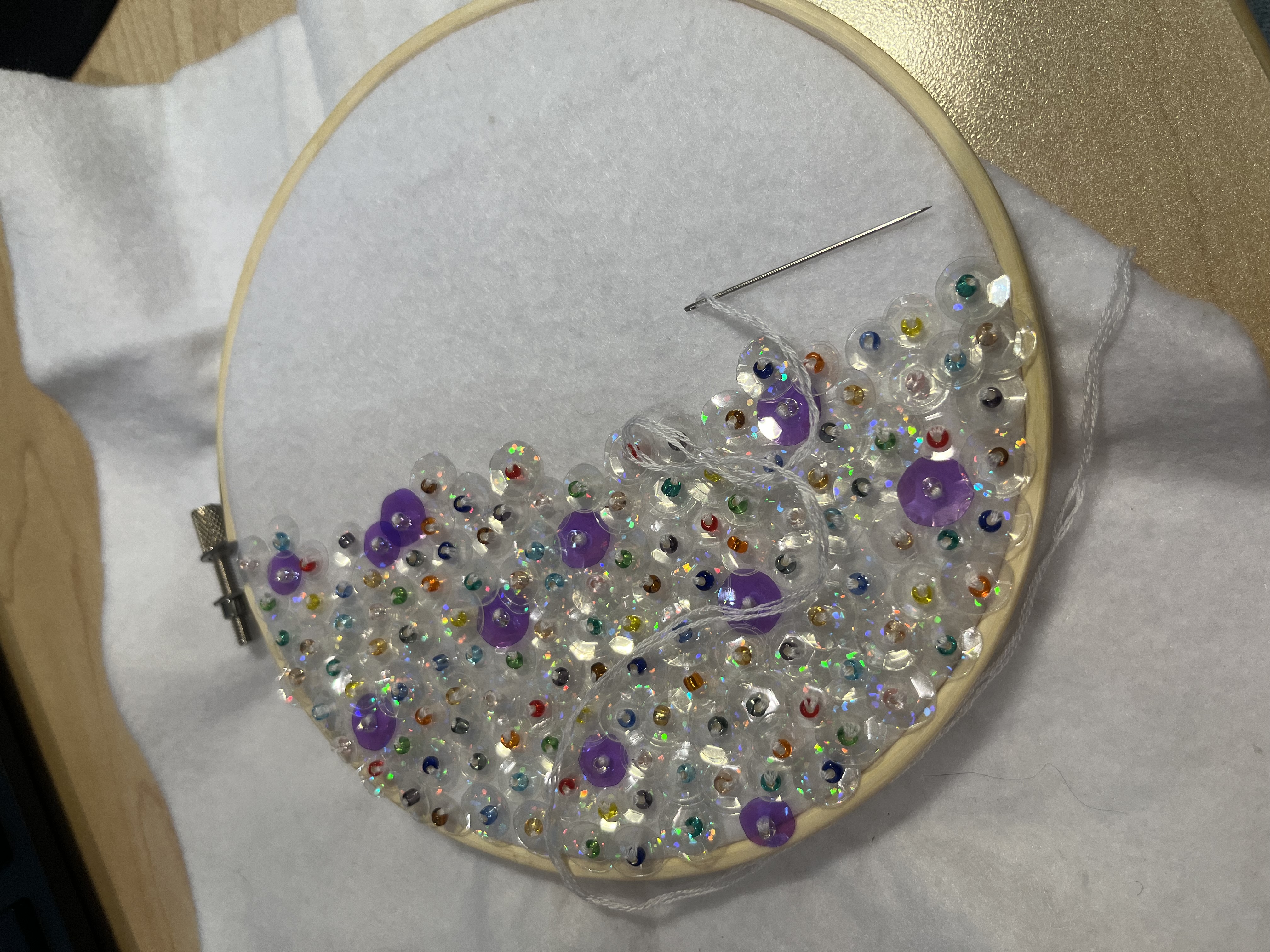 Sequin embroidery art progress photo. 