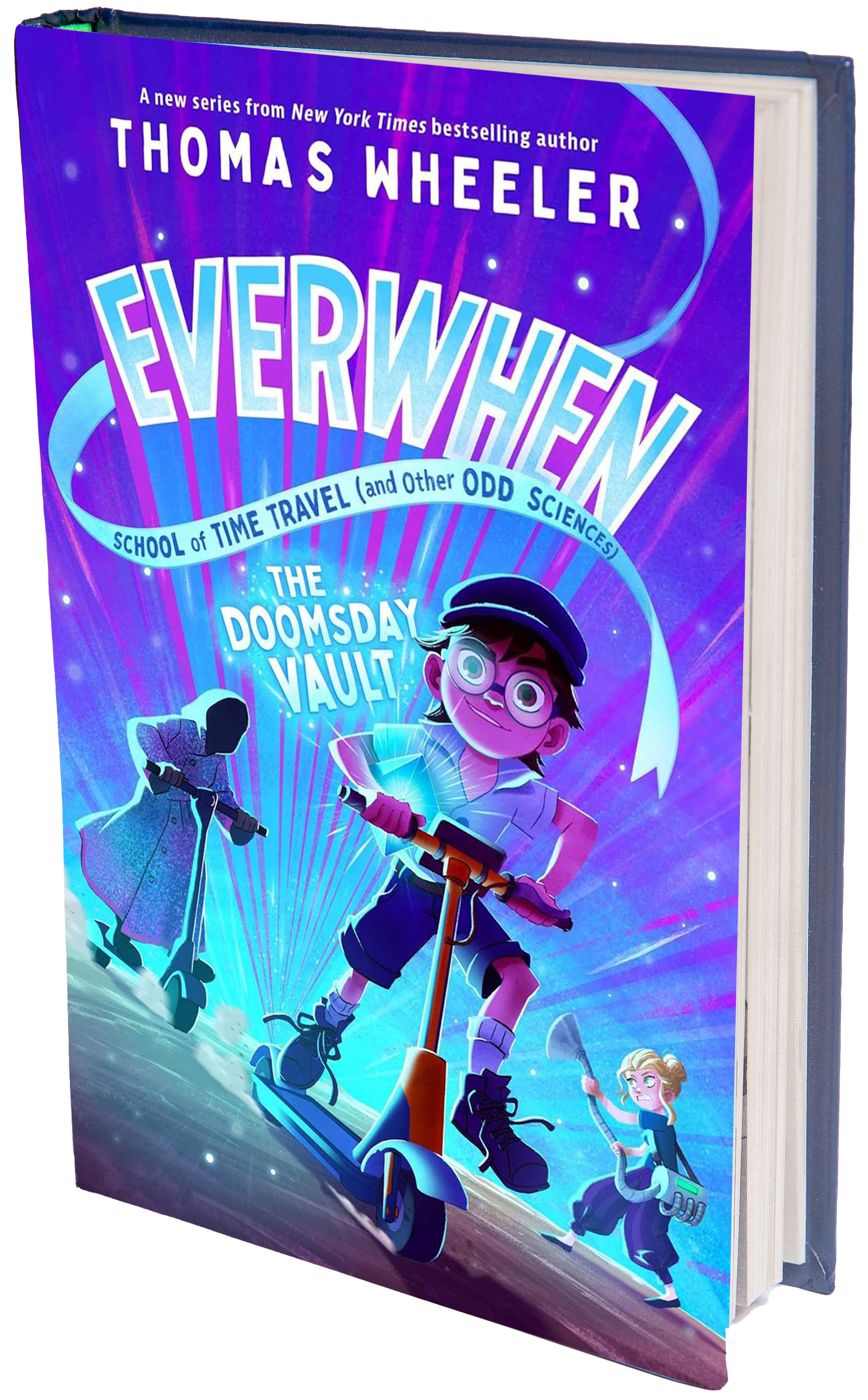 book cover boy on scooter in space
