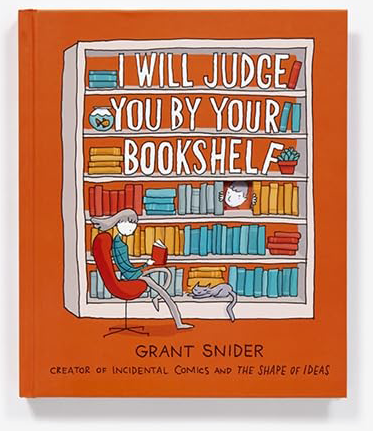 book cover cartoon of person by bookshelf