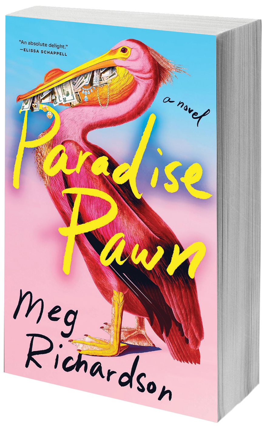 book cover pink pelican with cash and jewels