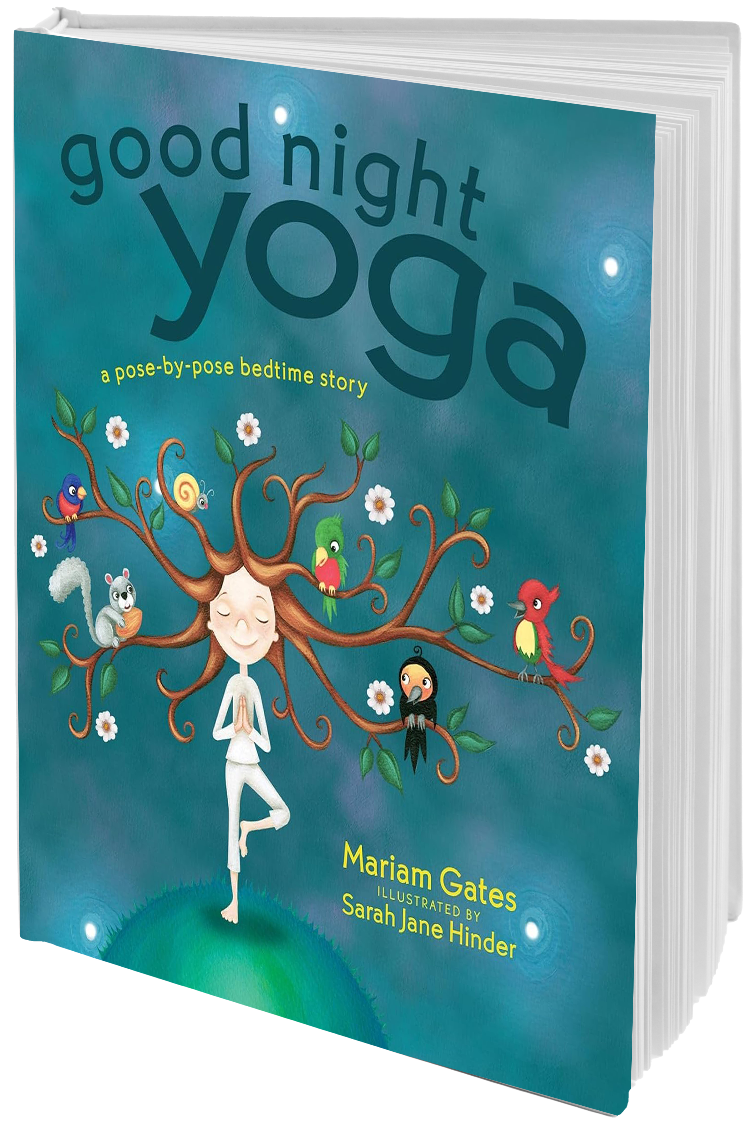 book cover girl doing yoga with animals watching