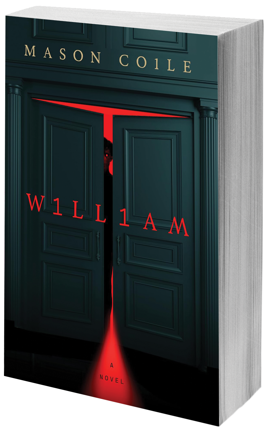 book cover black doors wit a red light and robot eye peeking through