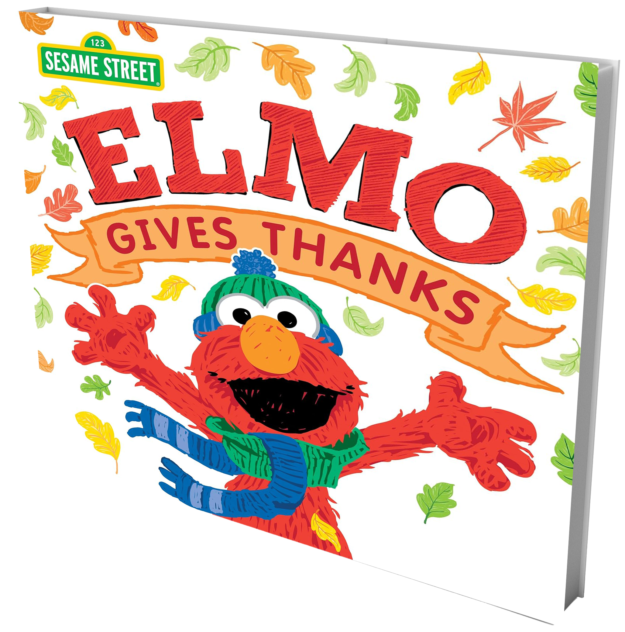 book cover Elmo in hat and scarf with leaves