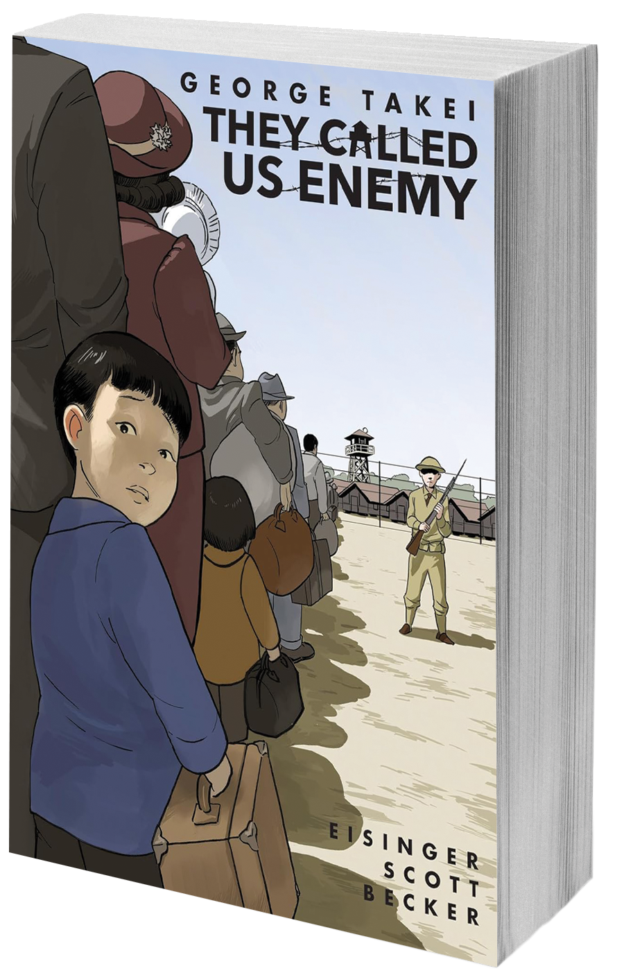 book cover graphic of families in line and a soldier