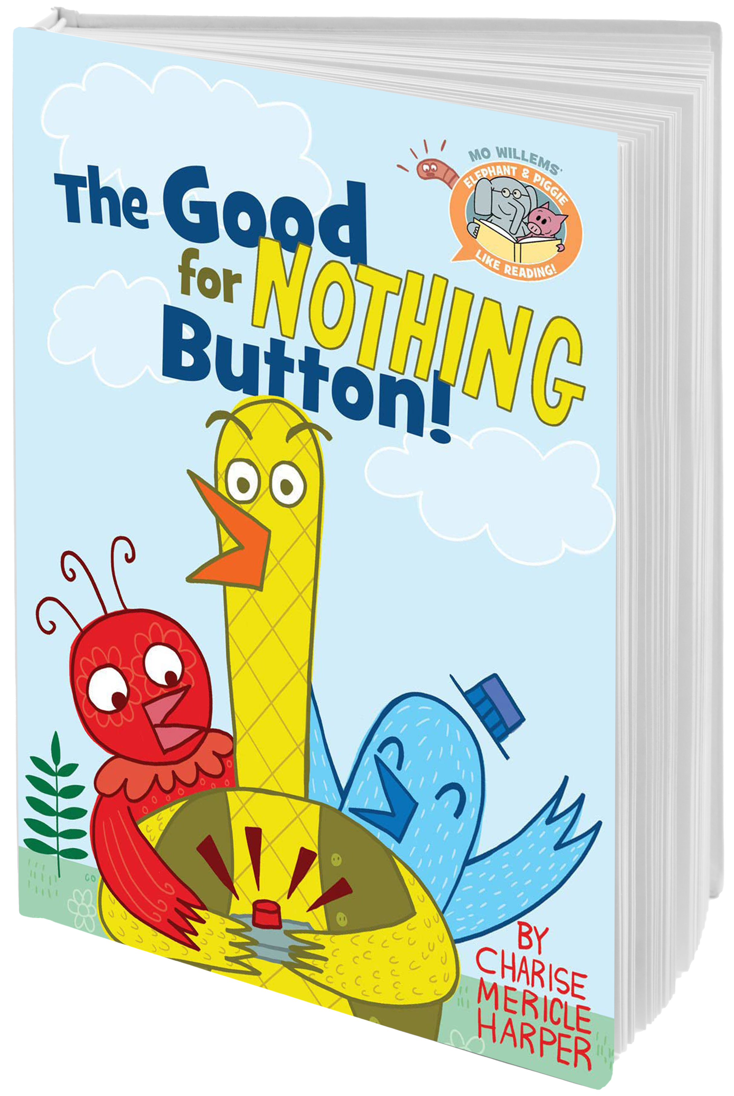 book cover 3 cartoon birds looking at a button