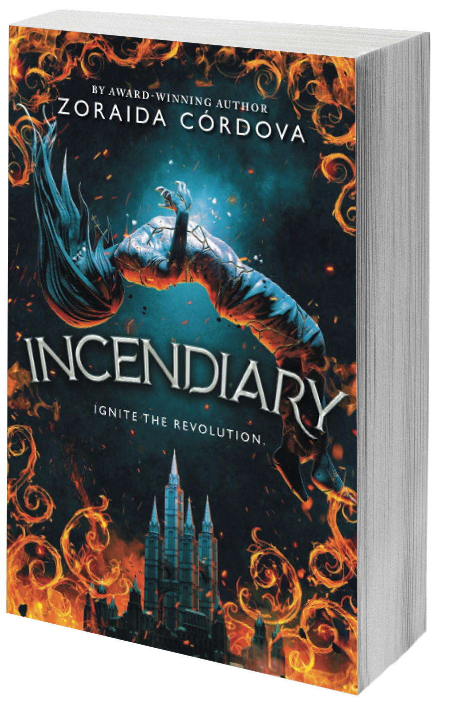 book cover castle flames