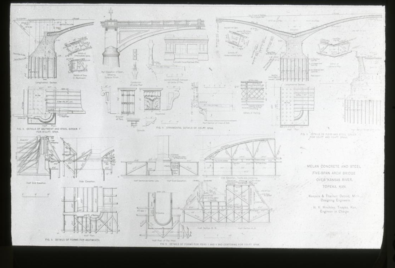 A black and white copy of the blueprints for sections of the Melan bridge for Topeka