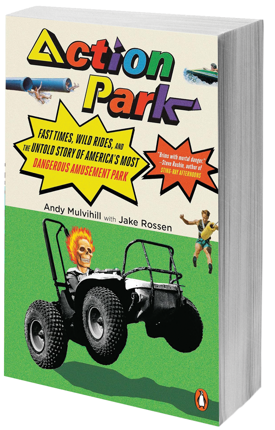 book cover flaming skeleton driving a four wheeler