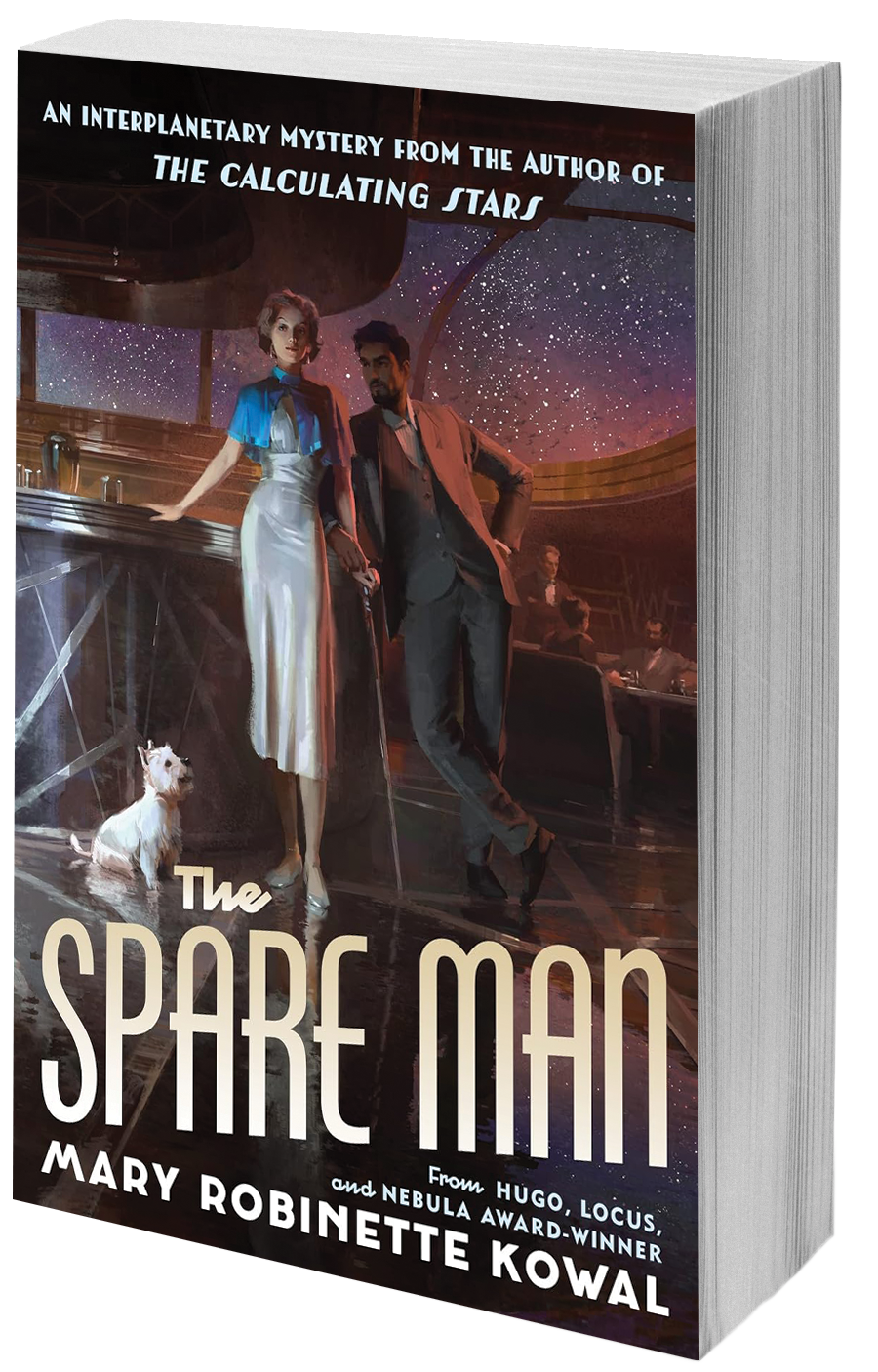 book cover woman, man and small dog relaxing on space ship