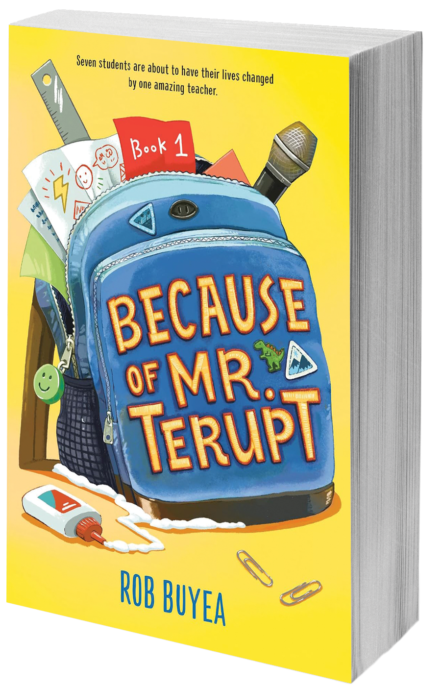 book cover backpack with supplies spilling out
