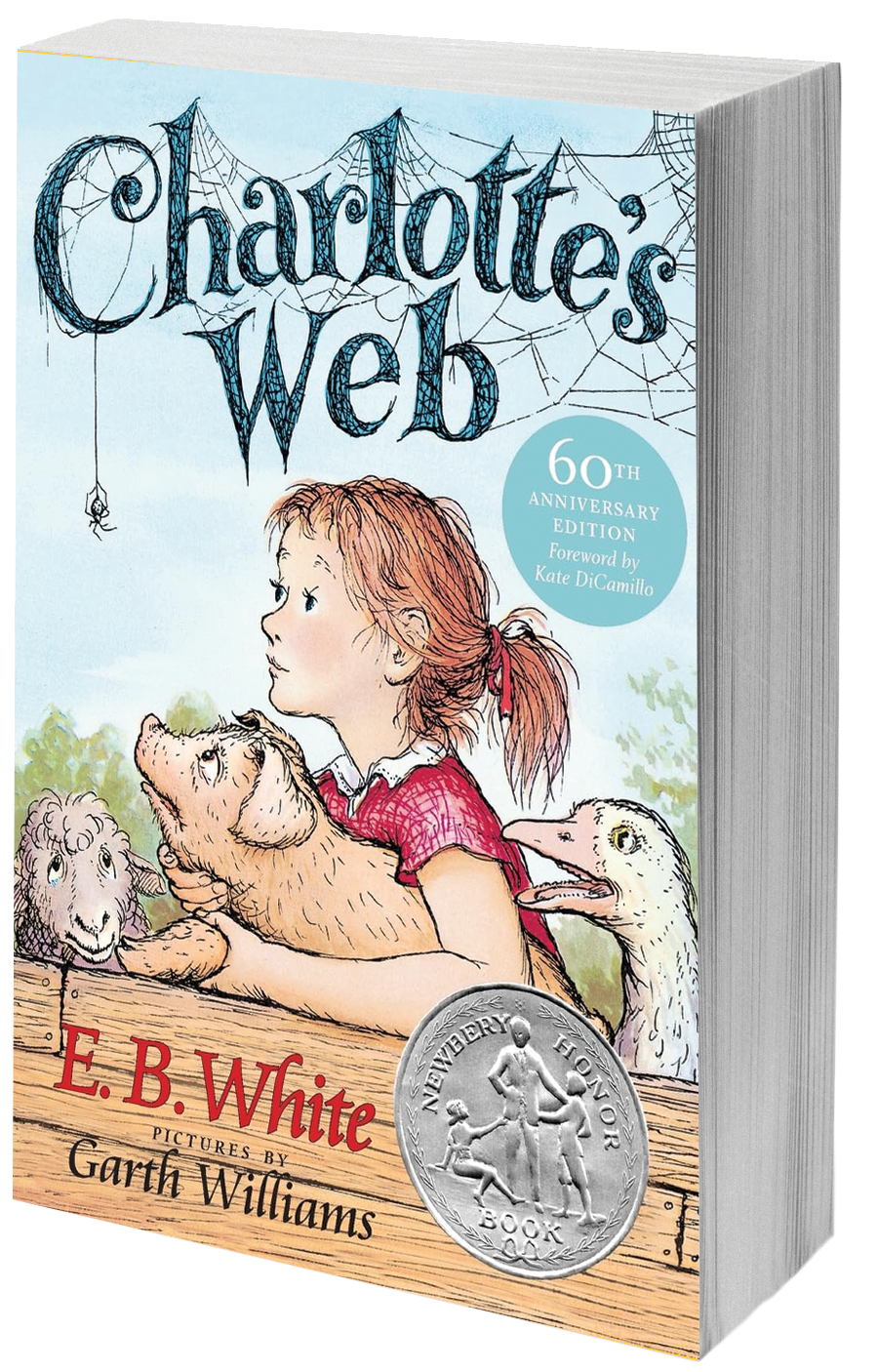 book cover girl with a pig, sheep, goose and spider making a web that spells the title