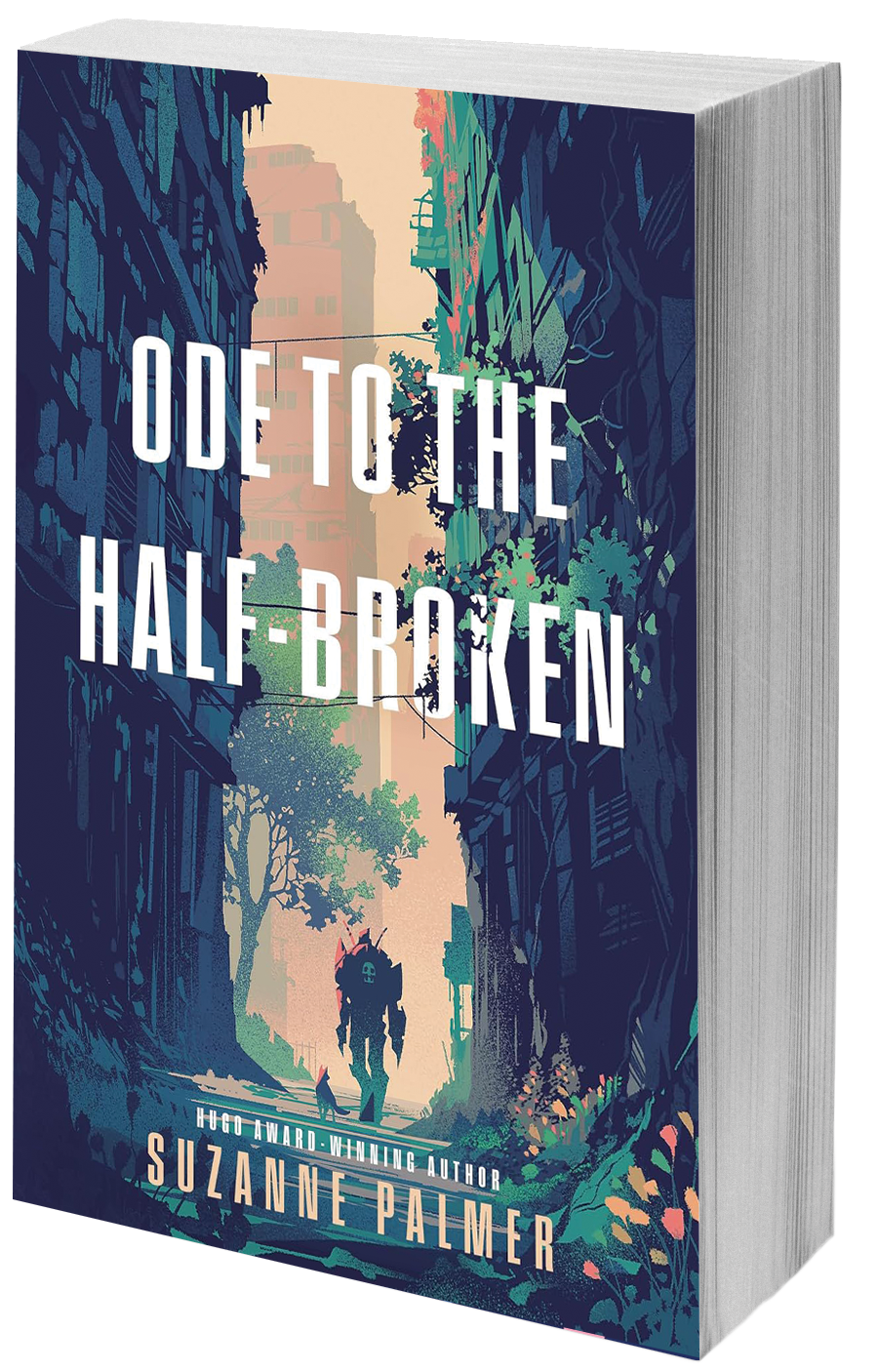 book cover robot and dog walking through ruins