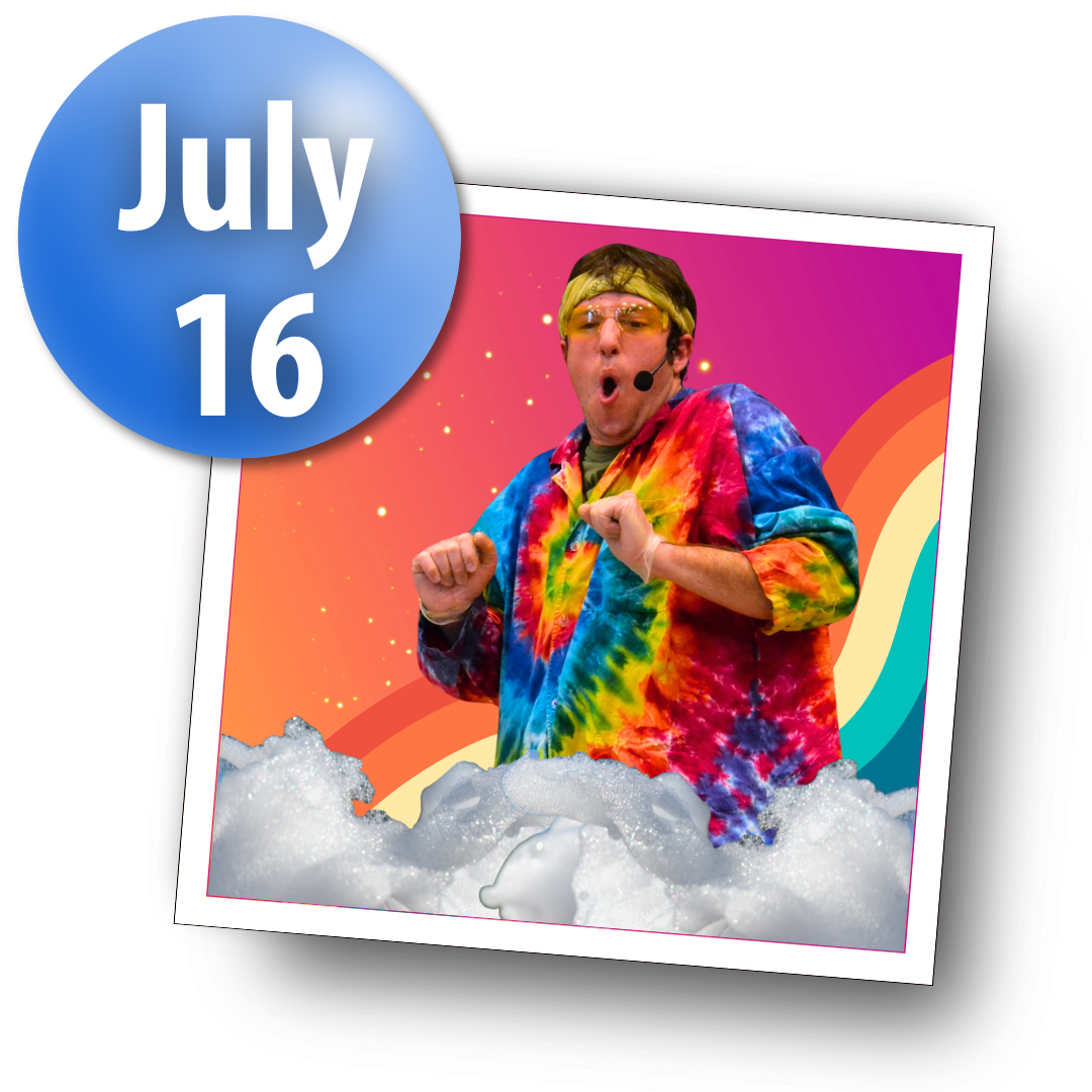 scientist in tie dye lab coat reacts in amazement to rising foam