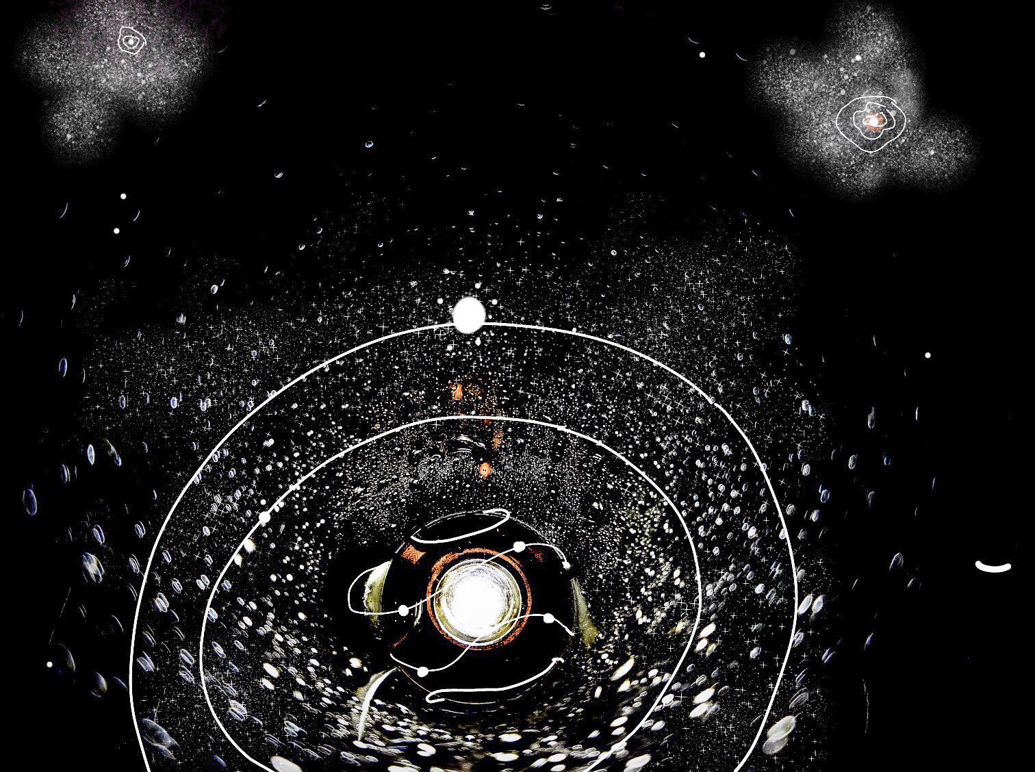 artwork with planets ad space debris